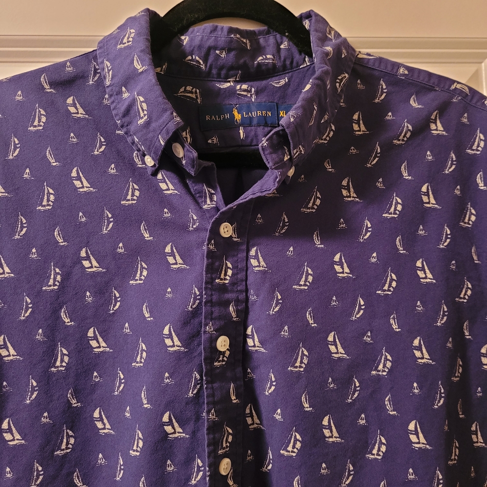 Men's XL Polo Ralph Lauren Dark Blue Short Sleeve Cotton Button Down Sail Boats